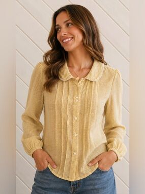 JUICY COUTURE Silk Button-Down Blouse Yellow Brown Lace